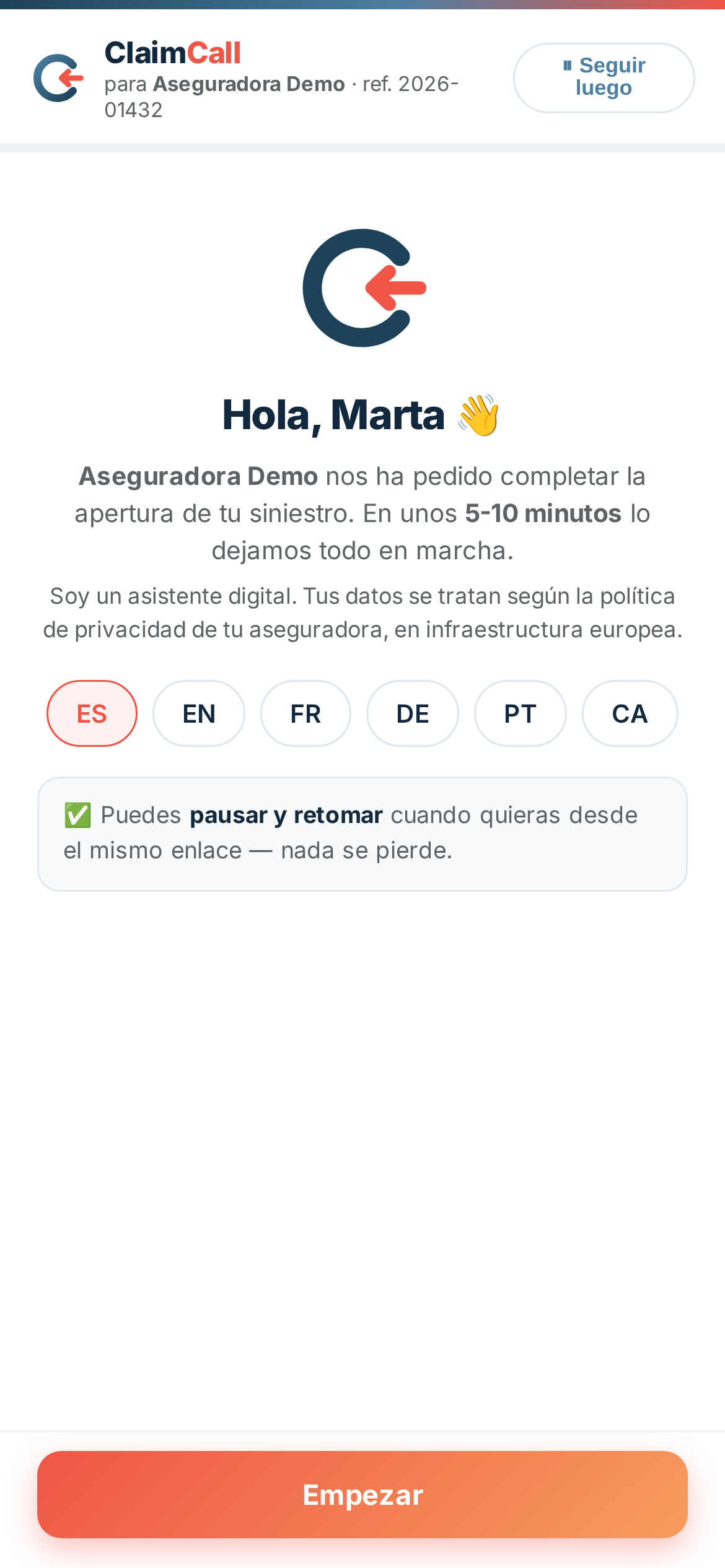 ClaimCall saluda al asegurado y le explica qué va a pasar