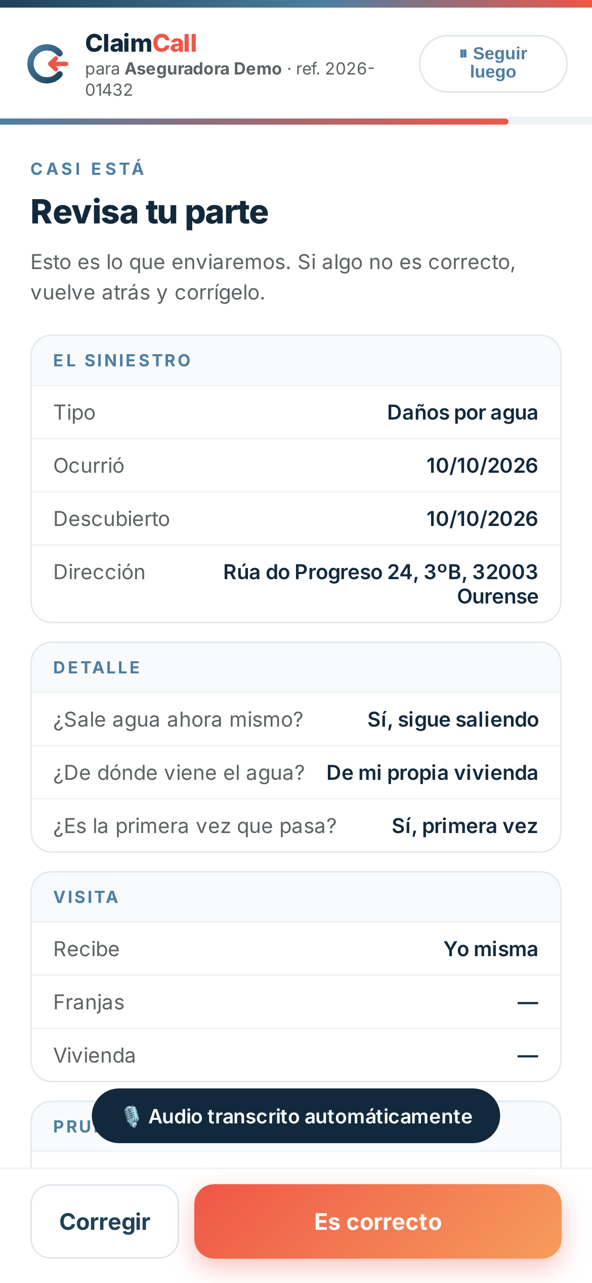 ClaimCall: el asegurado revisa su parte antes de enviarlo