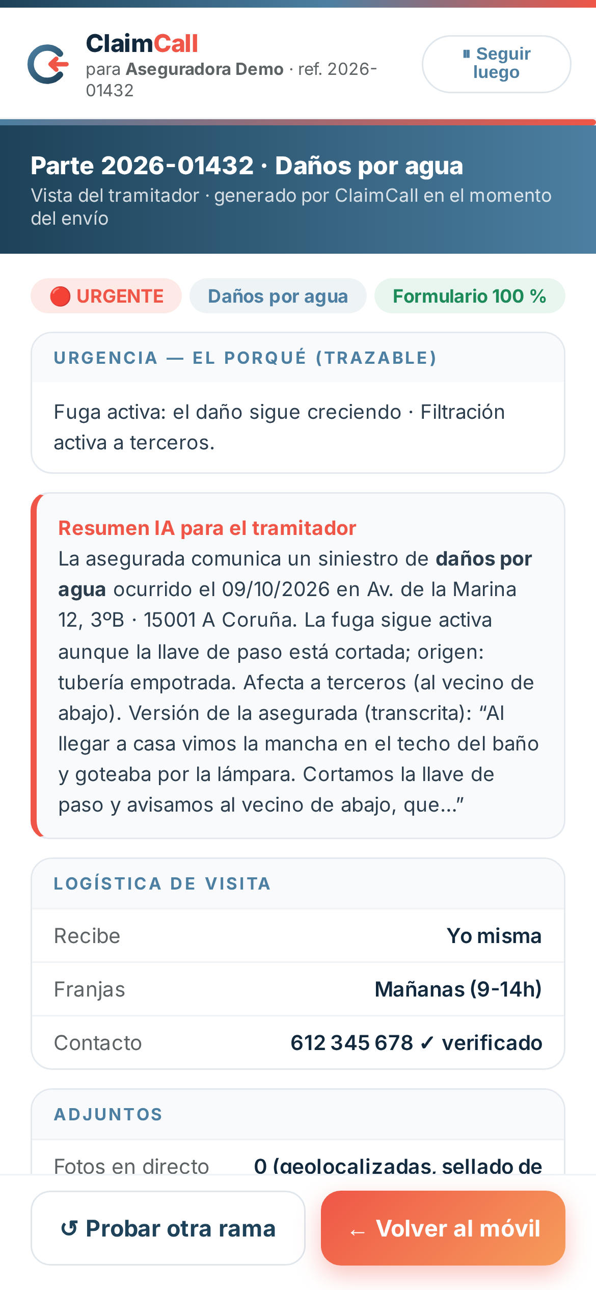 Ficha del tramitador generada por ClaimCall: urgencia trazable, resumen IA y logística de visita